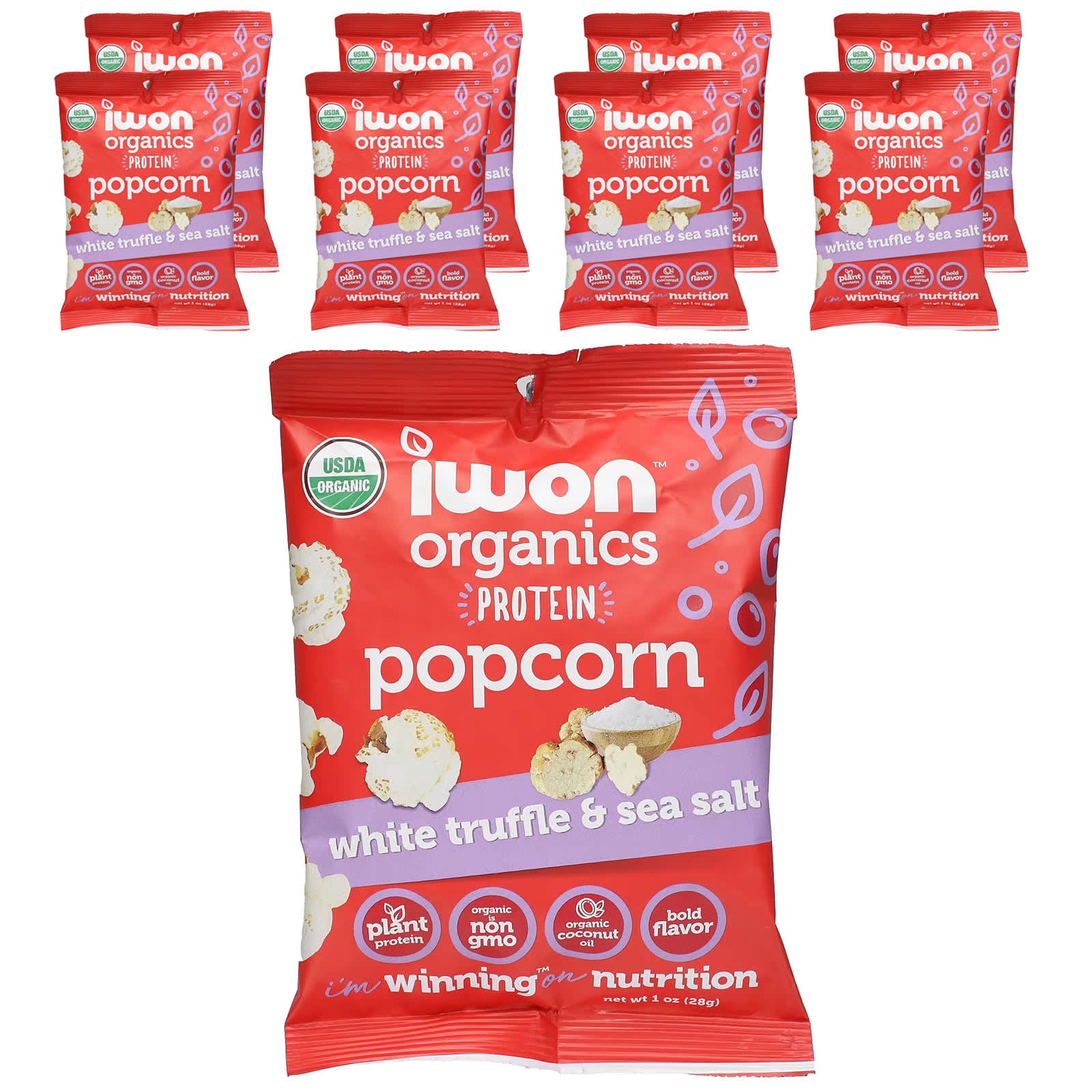 IWON Organics-Organic Protein Popcorn-White Truffles & Sea Salt-8 Bags-1 oz (28 g) Each