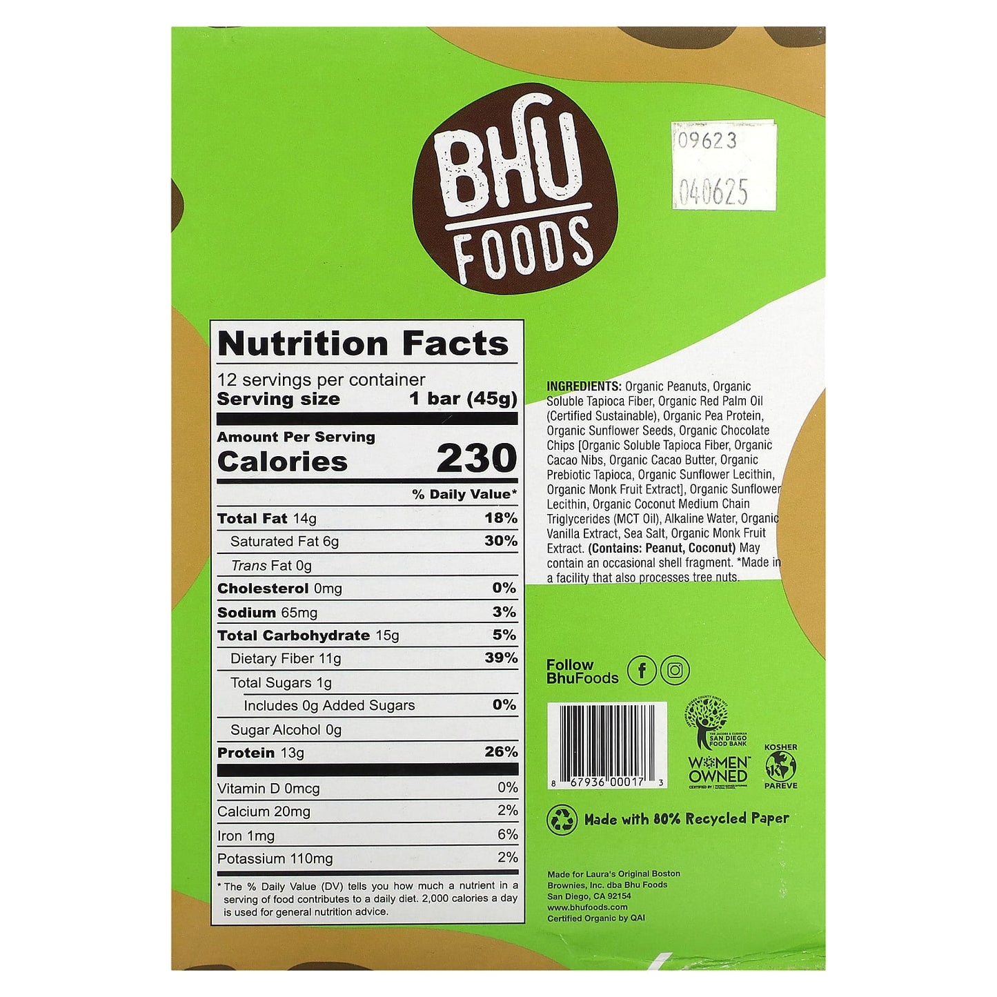 BHU Foods, Vegan Protein Bar, Peanut Butter + Chocolate Chip, 12 Bars, 1.6 oz (45 g) Each