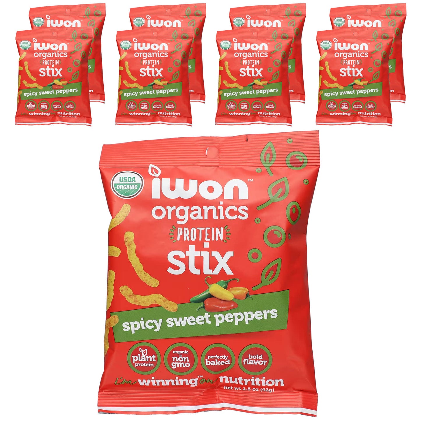 IWON Organics-Organics Protein Stix-Spicy Sweet Peppers-8 Bags-1.5 oz (42 g) Each