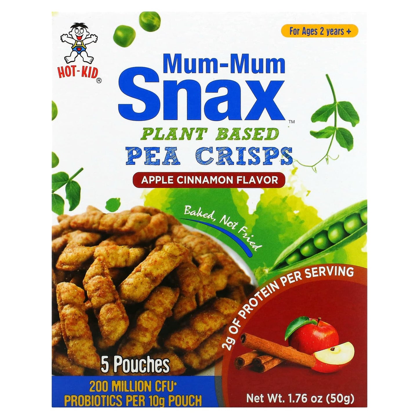 Hot Kid-Mum-Mum Snax-Baked Pea Crisps-Ages 2 Years+-Apple Cinnamon-5 Pouches-10 g Each