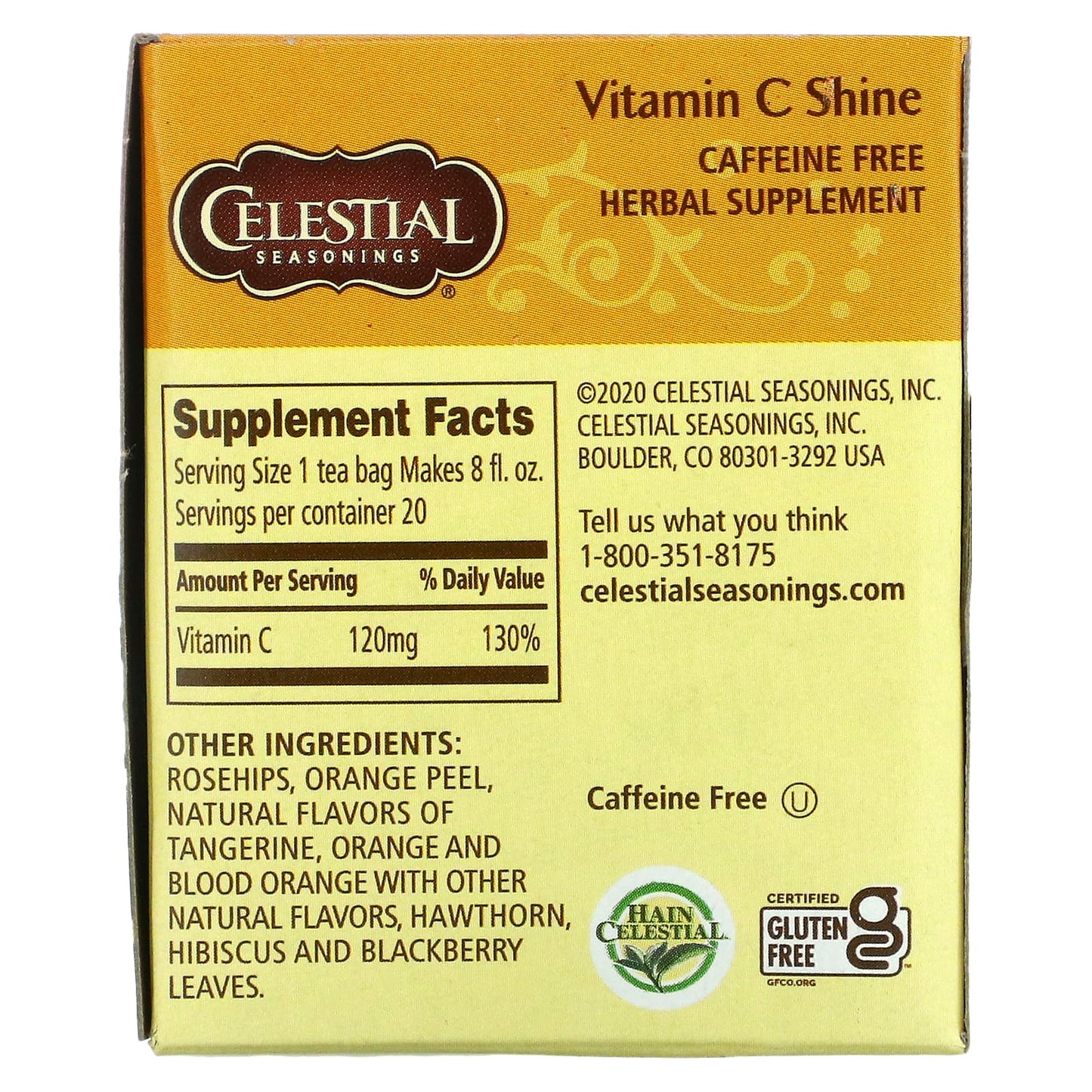 Celestial Seasonings, Herbal Supplement, Vitamin C Shine, Caffeine Free, 20 Tea Bags, 1.6 oz (47 g)