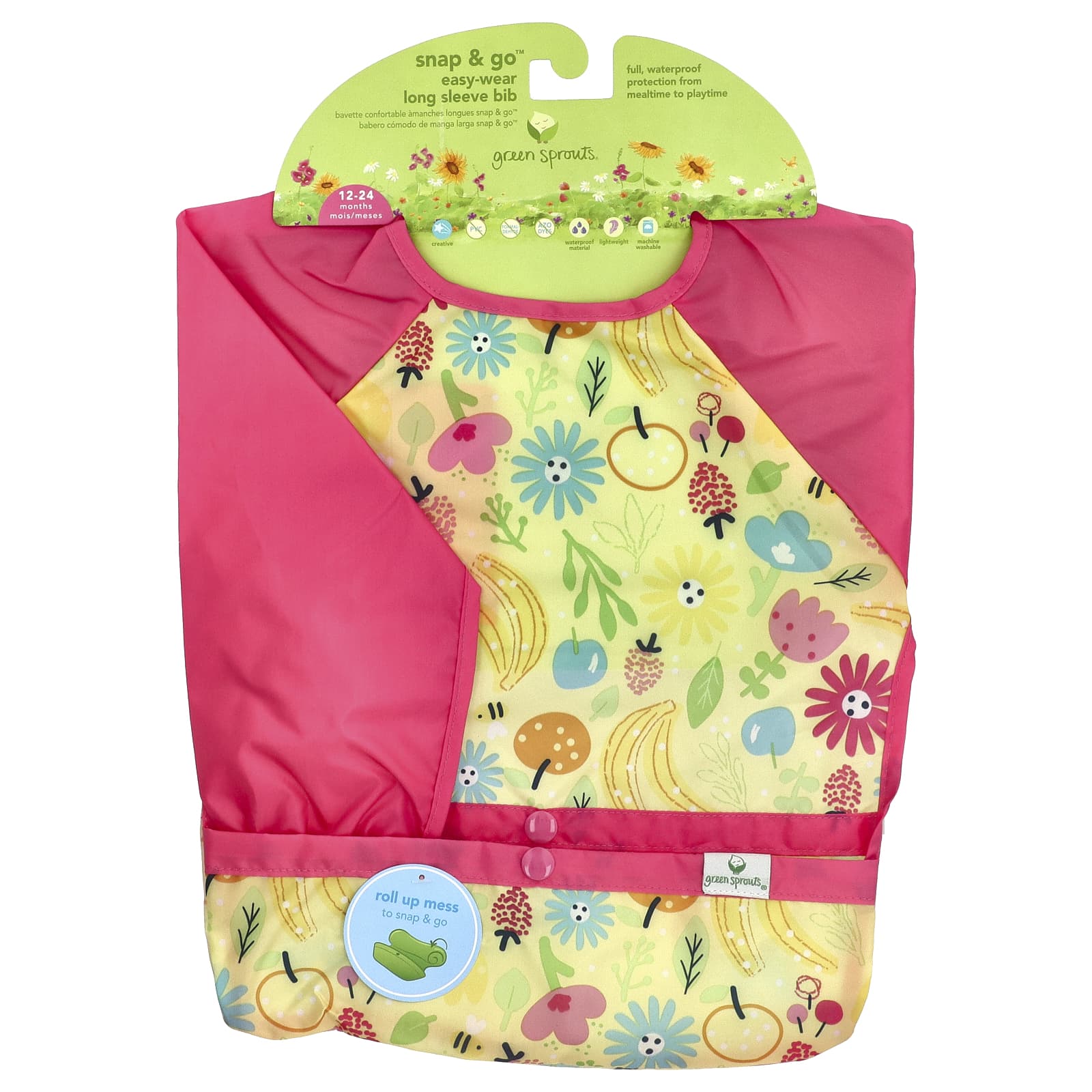 Green Sprouts-Snap & Go Easy Wear Long Sleeve Bib-12-24 Months-Pink Bee Floral-1 Count