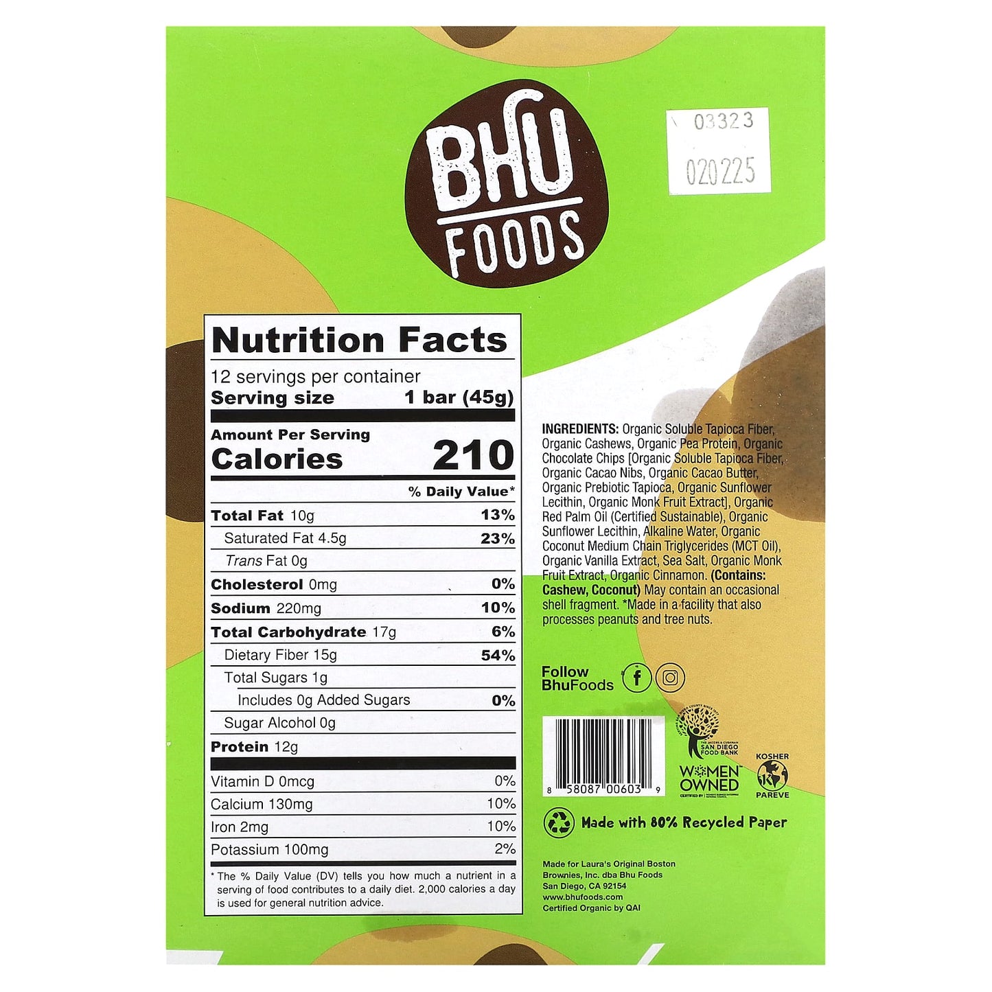 BHU Foods, Vegan Protein Bar, Chocolate Chip Cookie Dough, 12 Bars, 1.6 oz (45 g) Each