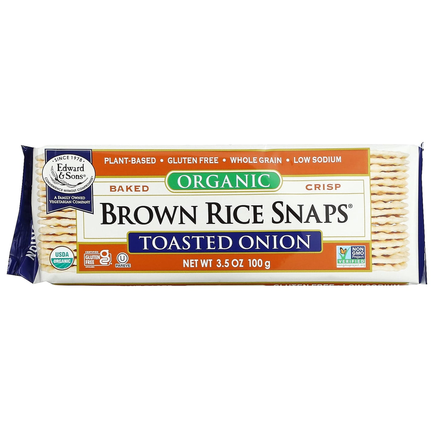 Edward & Sons-Organic Baked Crisp Brown Rice Snaps-Toasted Onion-3.5 oz (100 g)