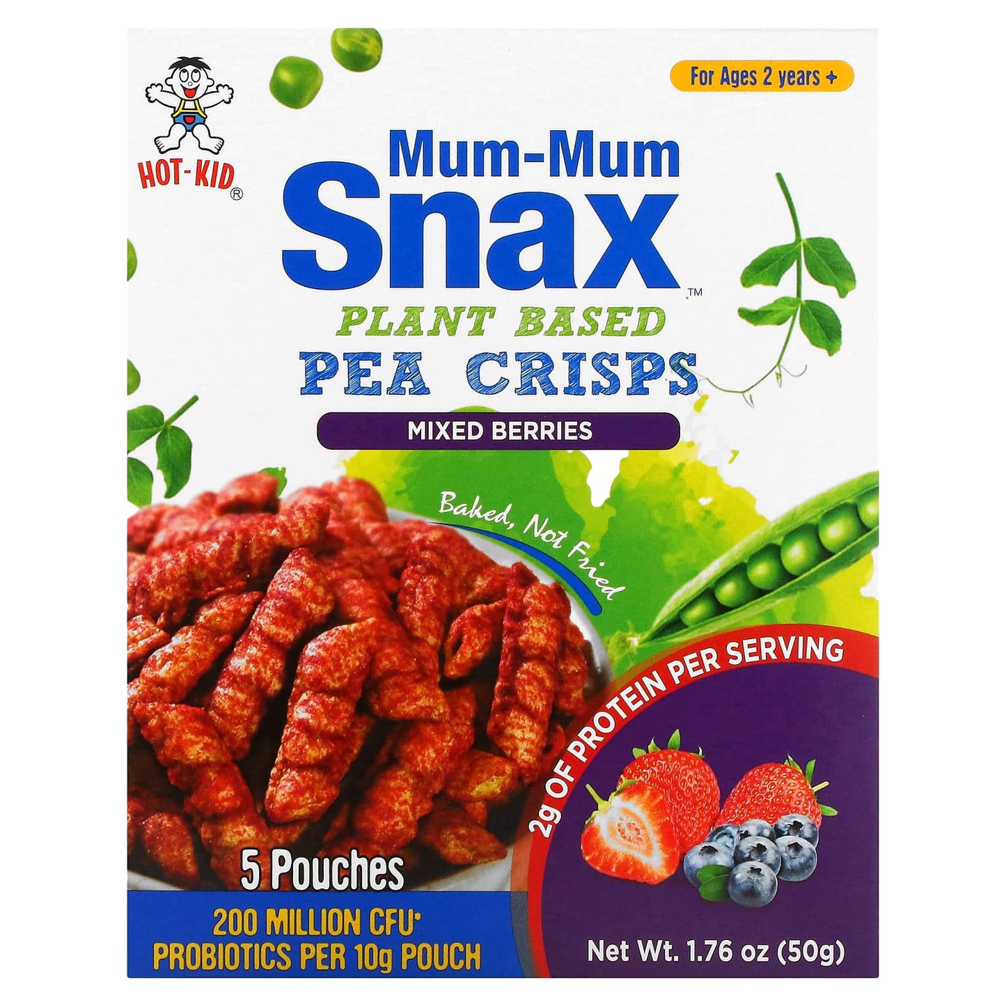 Hot Kid-Mum-Mum Snax-Baked Pea Crisps-Ages 2 Years+-Mixed Berries-5 Pouches-10 g Each