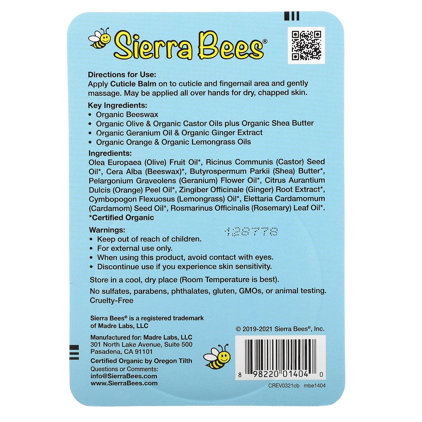 Sierra Bees, Cuticle Care Balm, Geranium, Orange & Lemongrass, 0.6 oz (17 g)