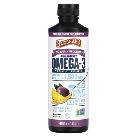 Barlean's-Seriously Delicious-Omega-3 From Fish Oil-High Potency-Passion Pineapple Smoothie-1,500 mg-1 lb (454 g)