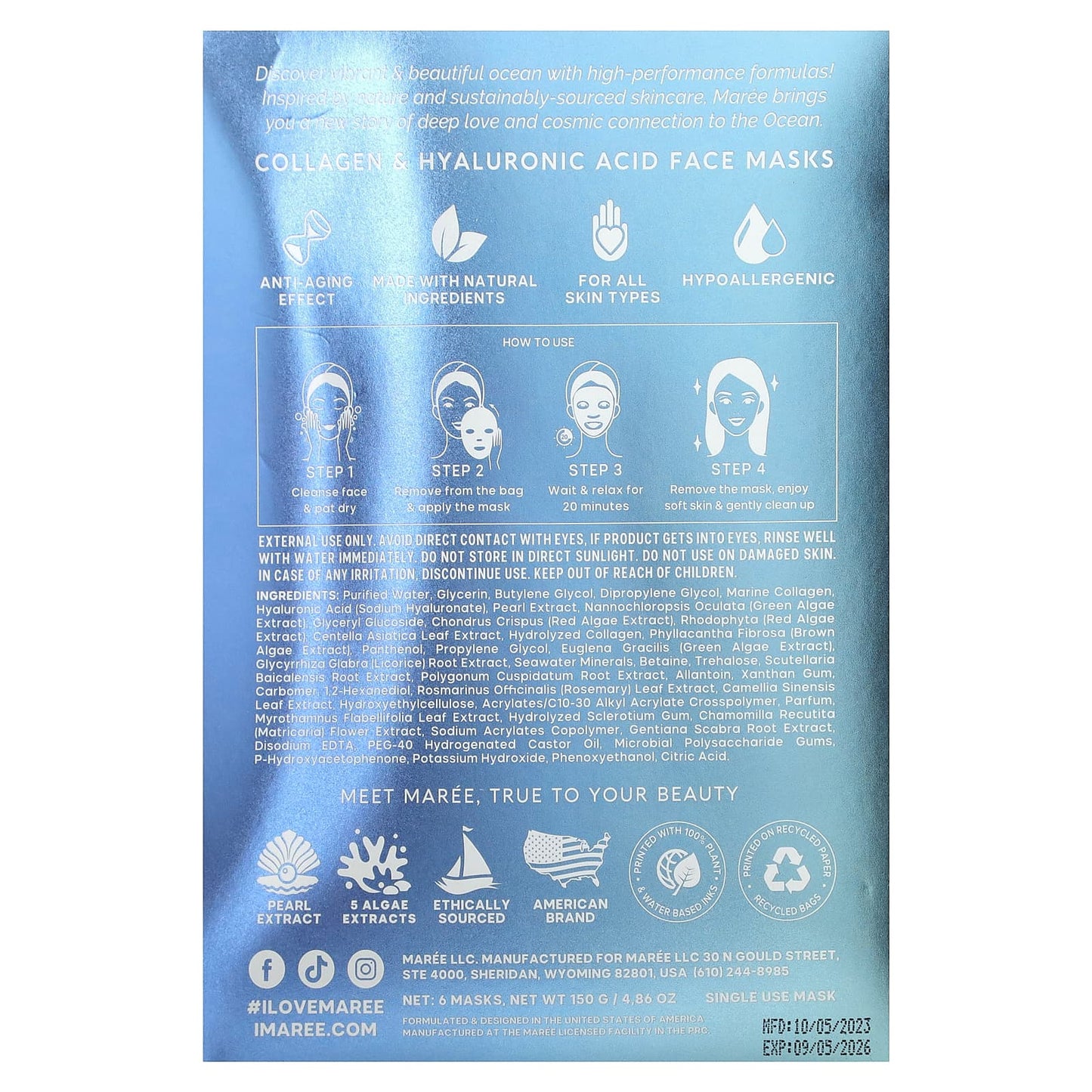 Maree, Marine Collagen Beauty Facial Mask, 6 Masks