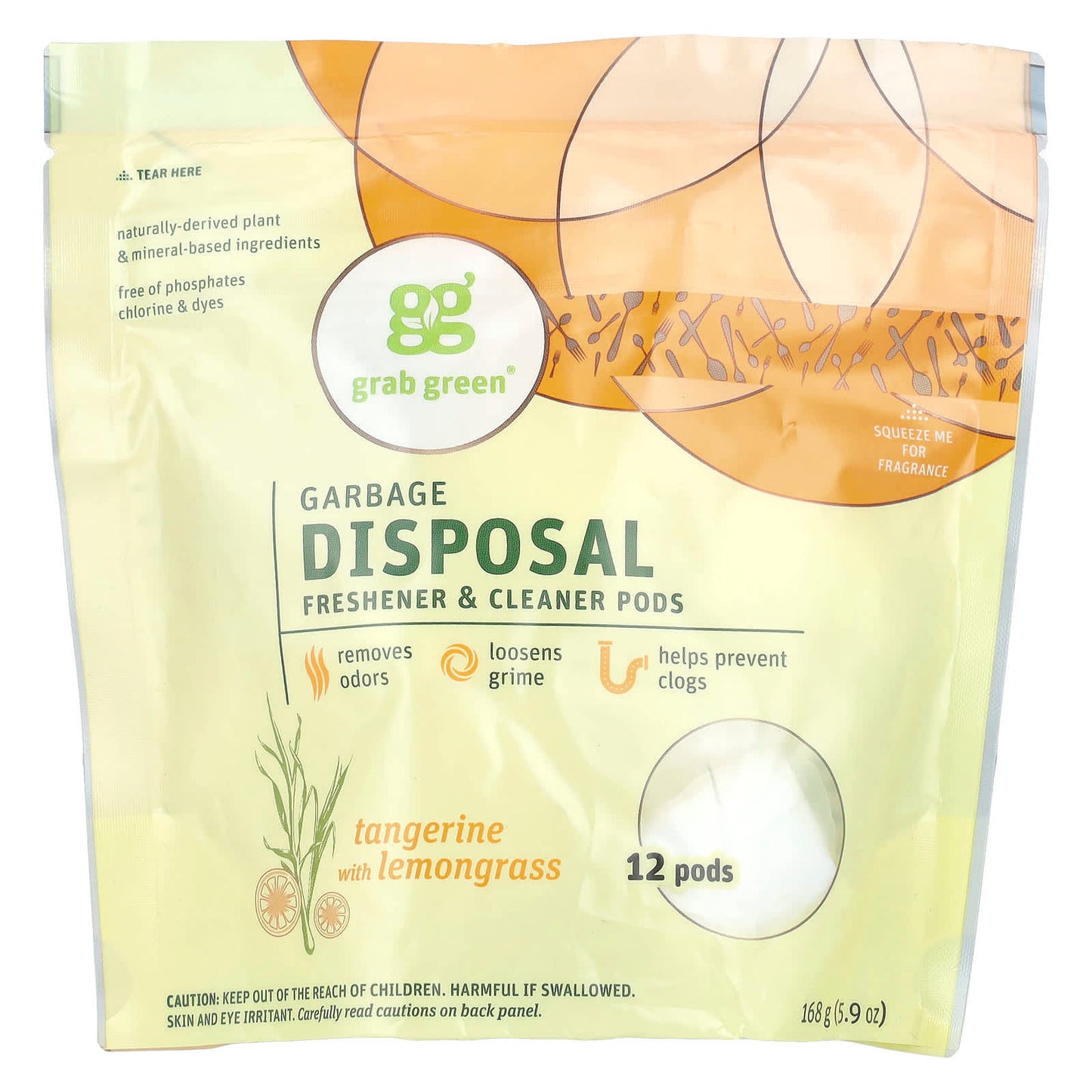 Grab Green-Garbage Disposal Freshener & Cleaner Pods-Tangerine with Lemongrass-12 Pods-5.9 oz (168 g)