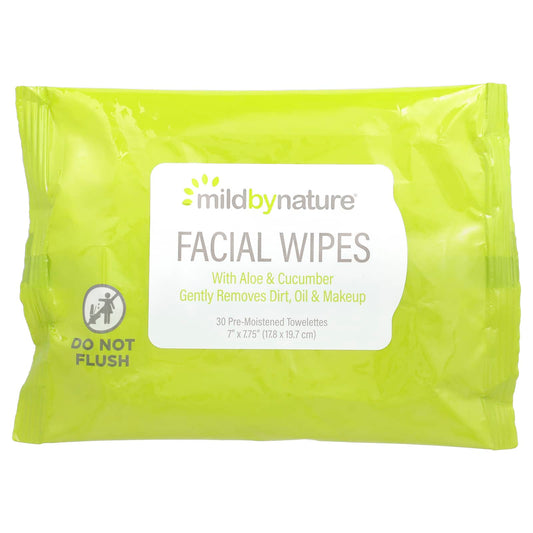 Mild By Nature-Aloe & Cucumber Facial Wipes-Biodegradable-30 Pre-Moistened Towelettes