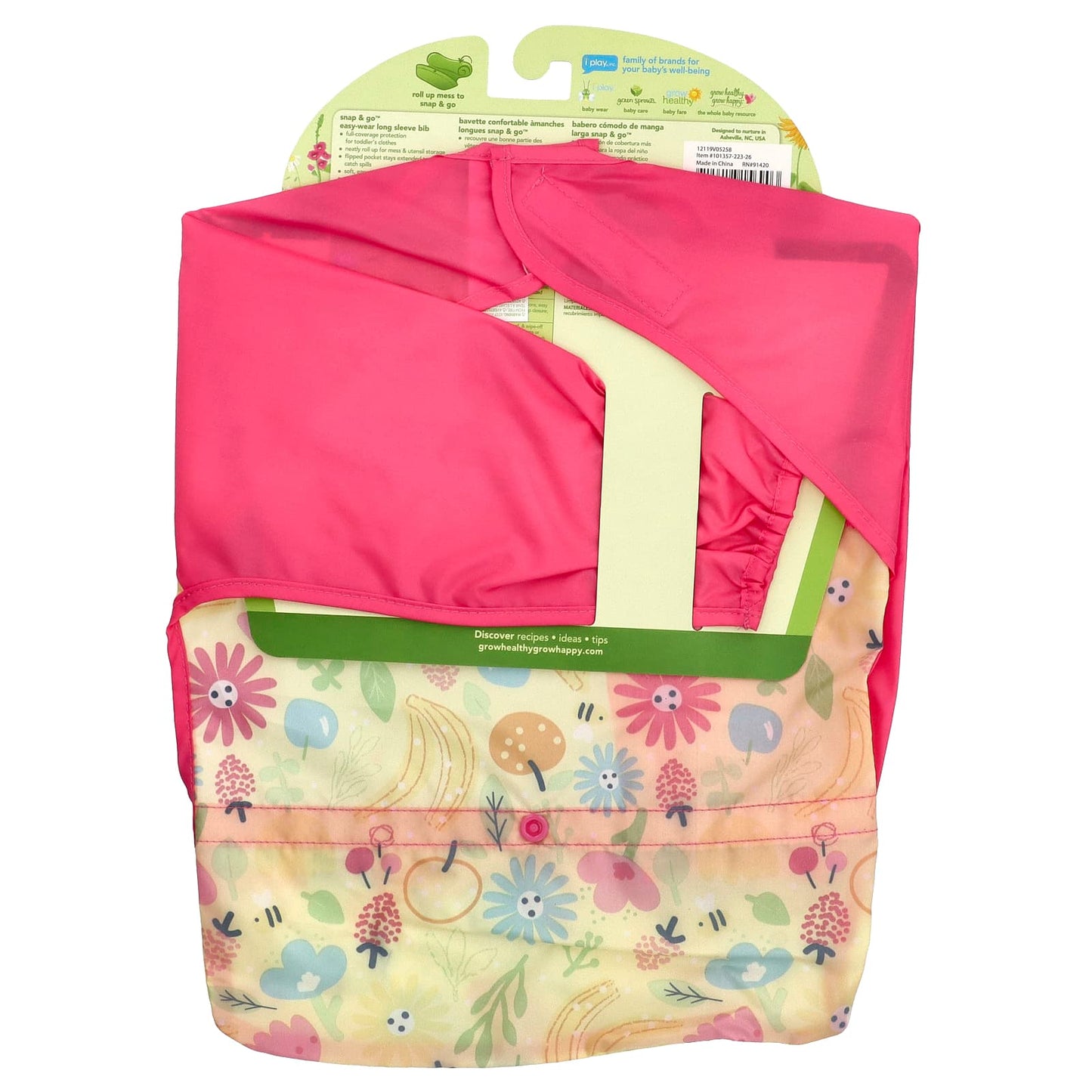 Green Sprouts, Snap & Go Easy Wear Long Sleeve Bib, 12-24 Months, Pink Bee Floral, 1 Count