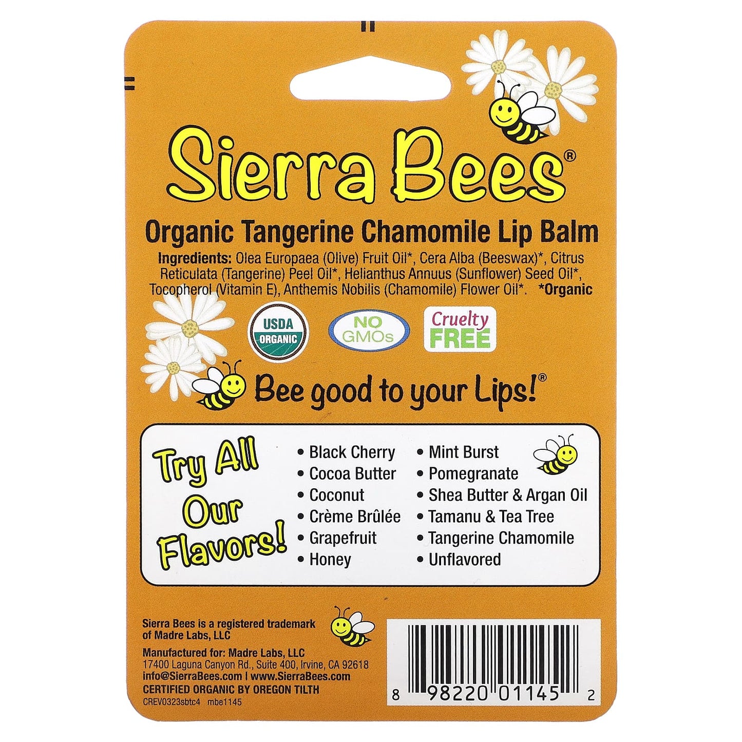 Sierra Bees, Organic Lip Balms, Tangerine Chamomile, 4 Pack, 0.15 oz (4.25 g) Each