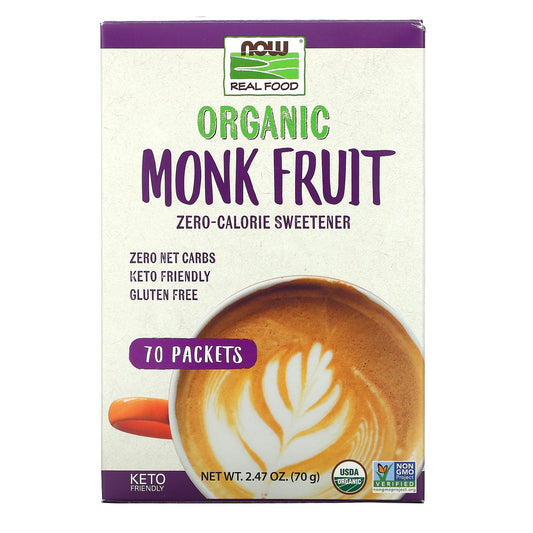 NOW Foods-Real Food-Organic Monk Fruit Zero-Calorie Sweetener- 70 Packets-2.47 oz (70 g)