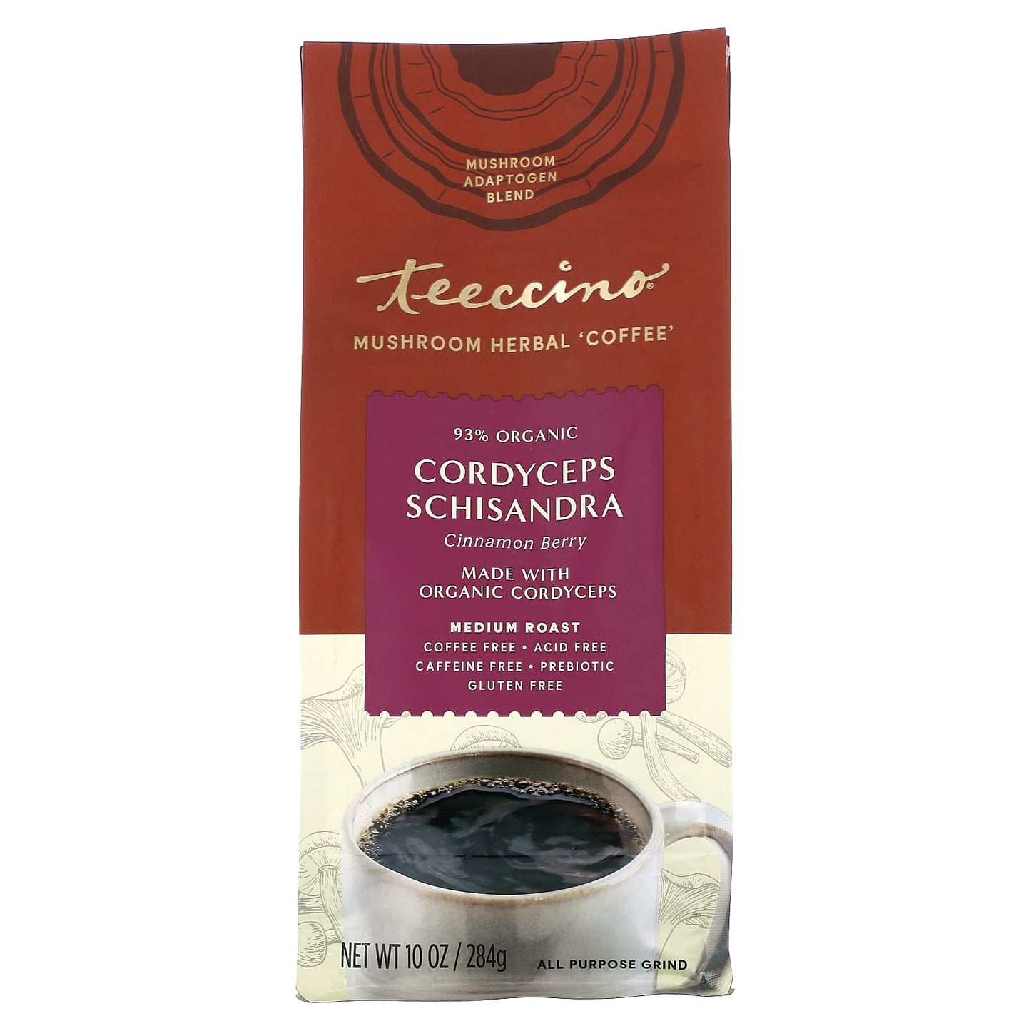 Teeccino-Mushroom Herbal Coffee-Cordyceps Schisandra-Cinnamon Berry-Medium Roast-Caffeine Free-10 oz (284 g)