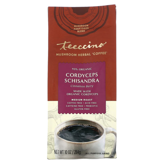 Teeccino-Mushroom Herbal Coffee-Cordyceps Schisandra-Cinnamon Berry-Medium Roast-Caffeine Free-10 oz (284 g)