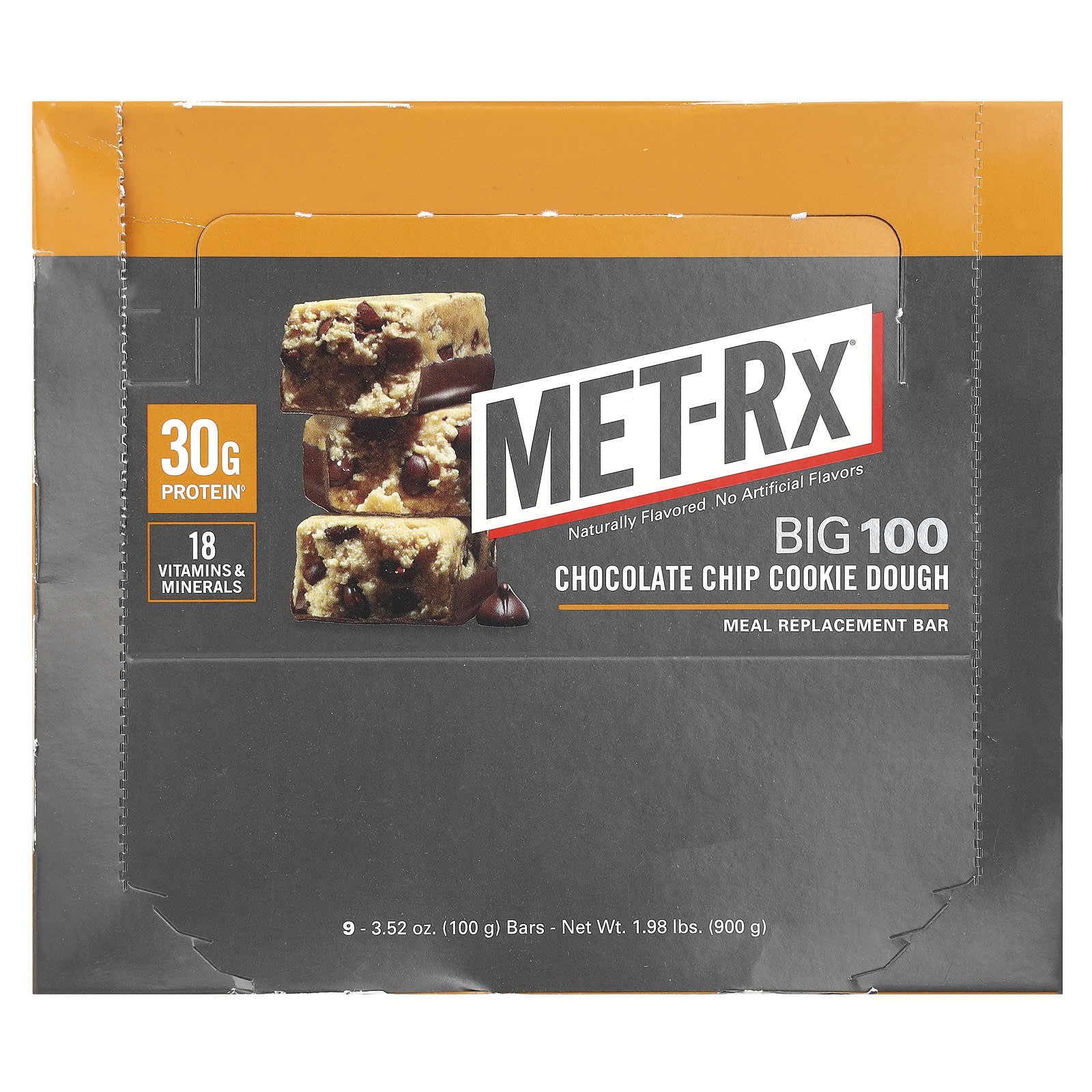 MET-Rx-Big 100-Meal Replacement Bar-Chocolate Chip Cookie Dough-9 Bars-3.52 oz (100 g) Each