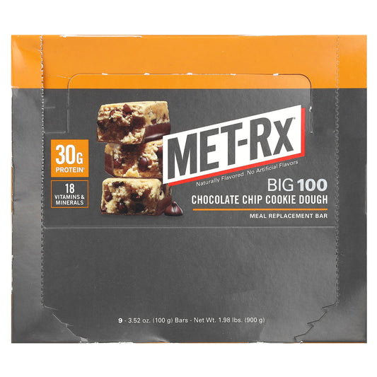 MET-Rx-Big 100-Meal Replacement Bar-Chocolate Chip Cookie Dough-9 Bars-3.52 oz (100 g) Each