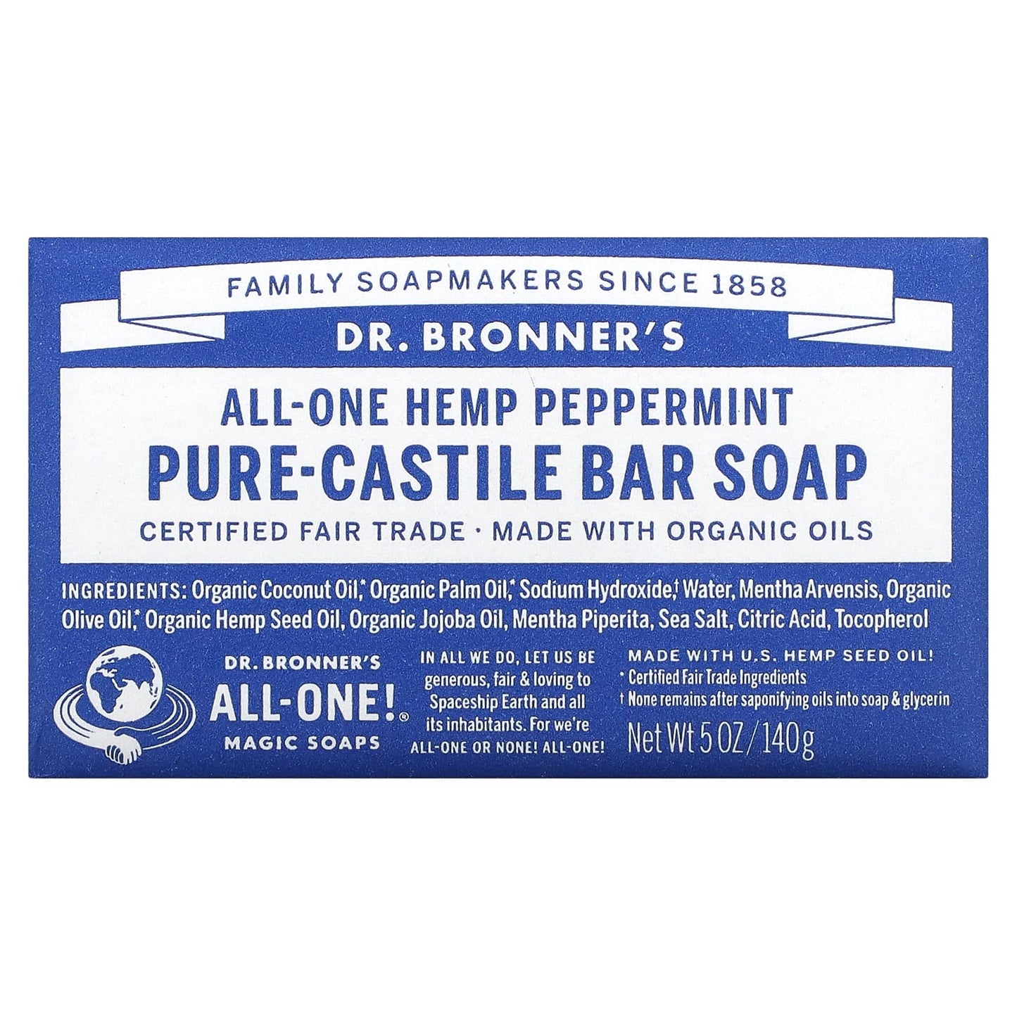 Dr. Bronner's-Pure Castile Bar Soap-All-One Hemp-Peppermint-5 oz (140 g)