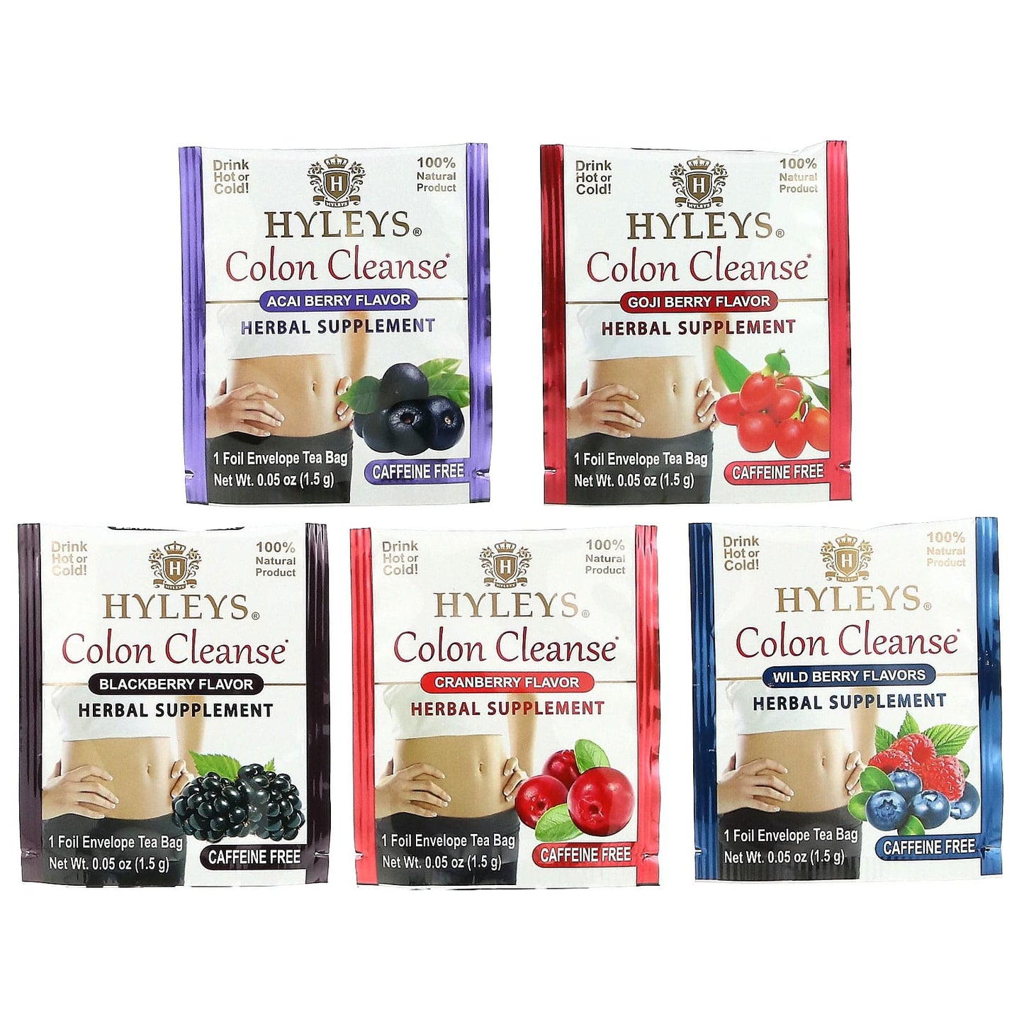 Hyleys Tea, Colon Cleanse, Assorted Tea Collection, Caffeine Free, 42 Foil Envelope Tea Bags, 0.05 oz (1.5 g) Each