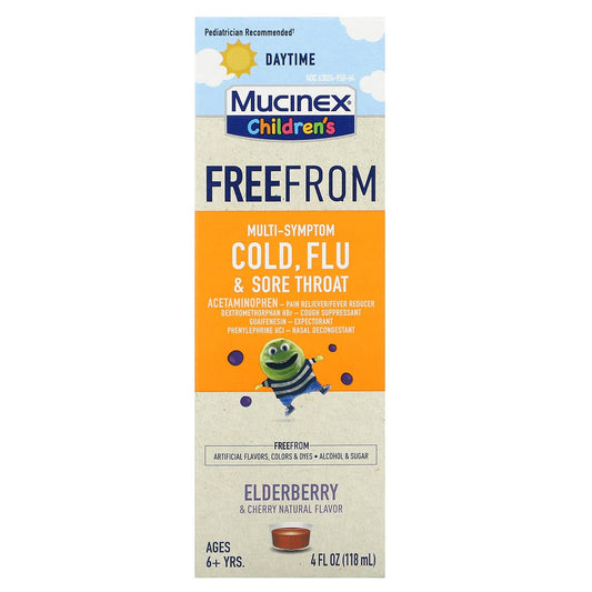 Mucinex-Children's-FreeFrom Multi-Symptom Cold-Flu & Sore Throat-Daytime-Ages 6+ Yrs-Elderberry and Cherry-4 fl oz (118 ml)