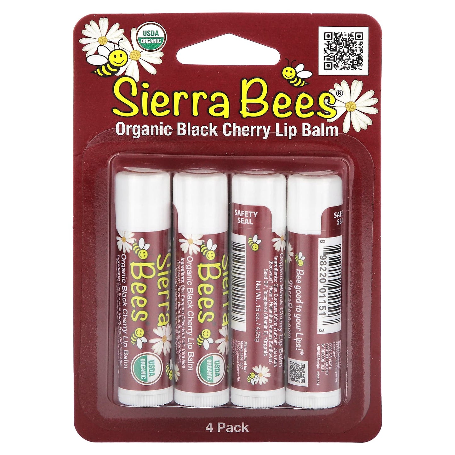 Sierra Bees, Organic Lip Balms, Black Cherry, 4 Pack, 0.15 oz (4.25 g) Each