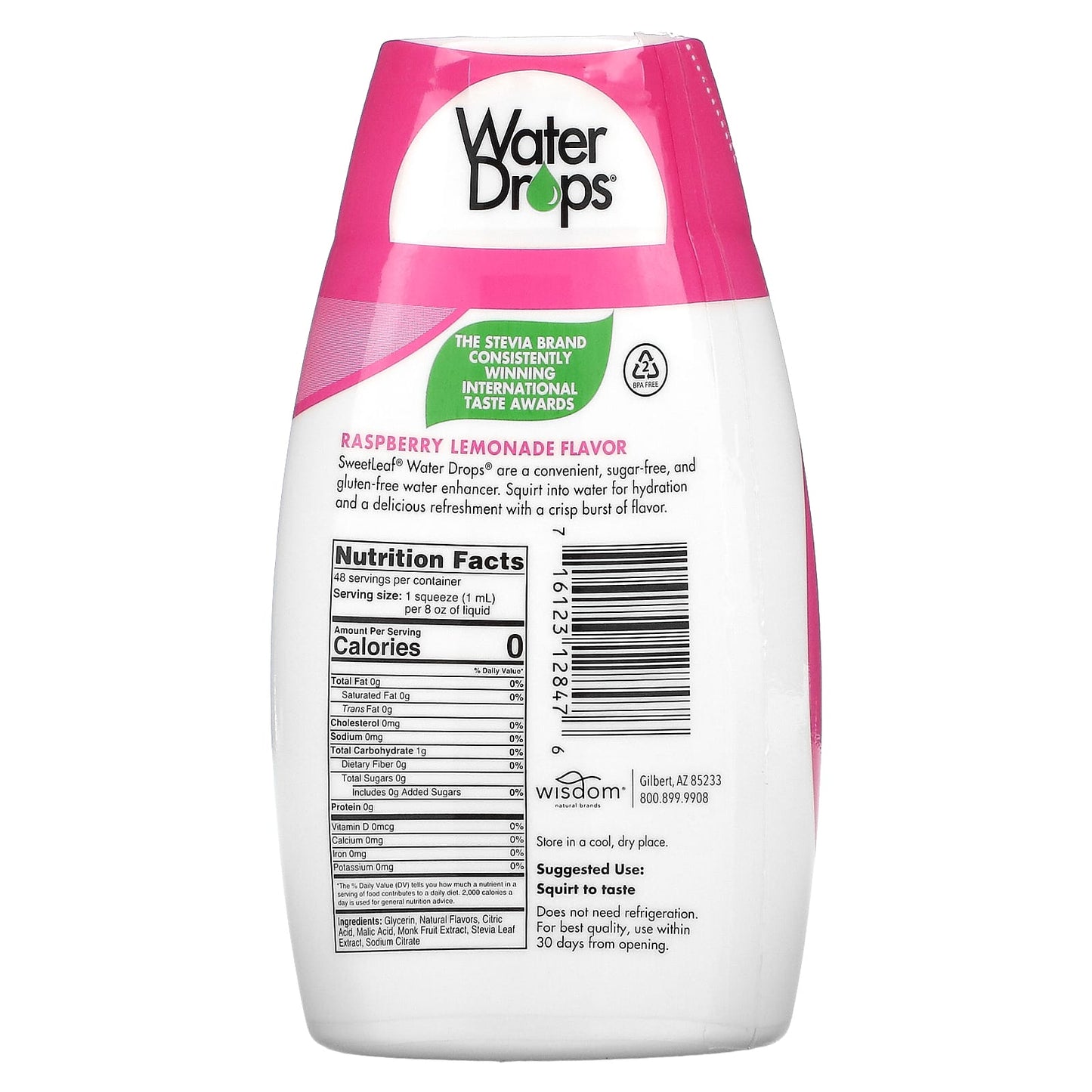 Wisdom Natural, SweetLeaf, Water Drops, Delicious Stevia Water Enhancer, Raspberry Lemonade, 1.62 fl oz (48 ml)