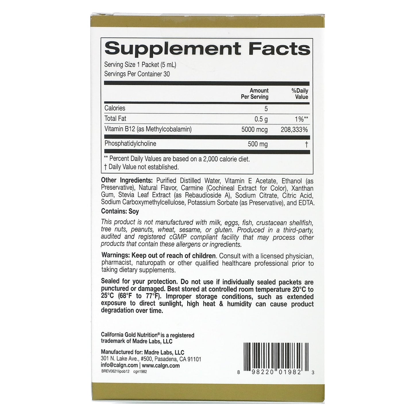 California Gold Nutrition, Liposomal Vitamin B12, 30 Packets, 0.17 fl oz  (5 ml) Each