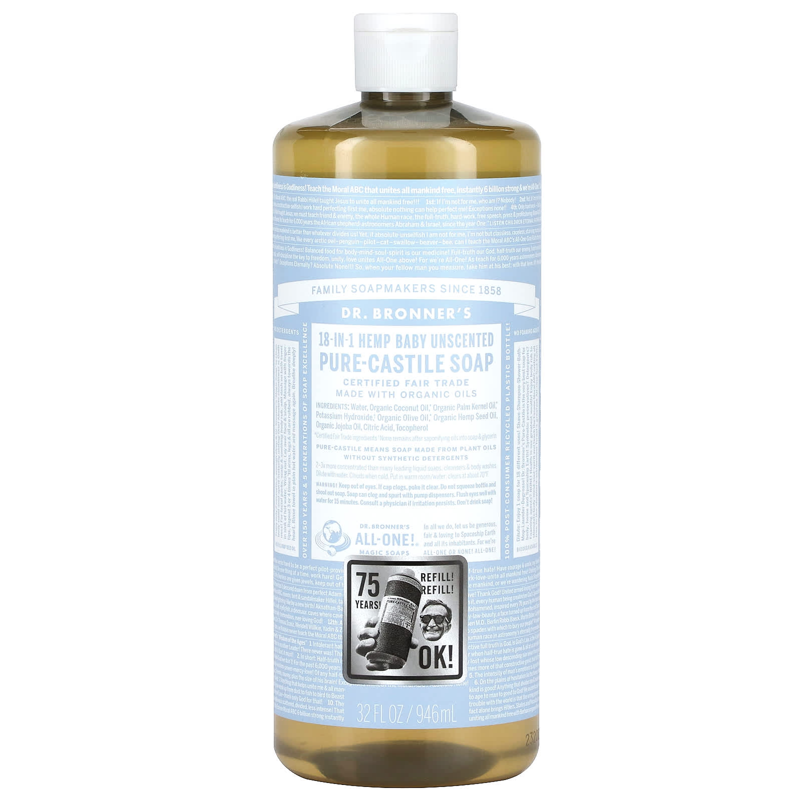 Dr. Bronner's-18-in-1 Hemp Pure-Castile Soap-Baby  Unscented -32 fl oz (946 ml)