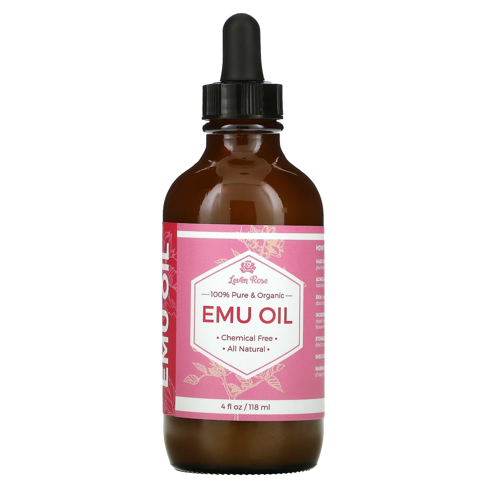 Leven Rose-100% Pure & Organic Emu Oil-4 fl oz (118 ml)