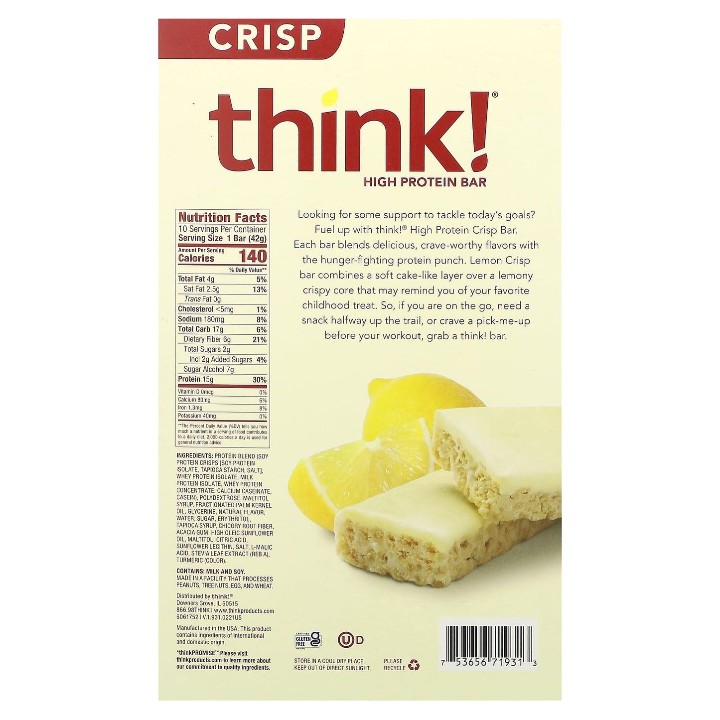 Think !, High Protein Bar, Lemon Crisp, 10 Bars, 1.48 oz (42 g) Each