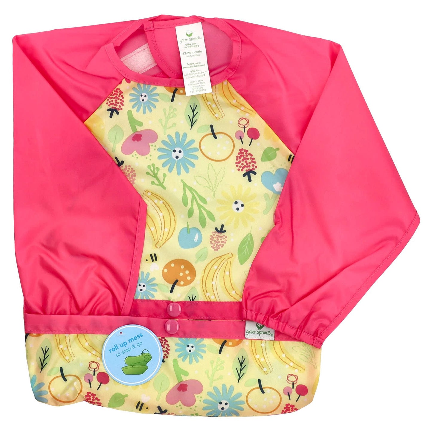 Green Sprouts, Snap & Go Easy Wear Long Sleeve Bib, 12-24 Months, Pink Bee Floral, 1 Count