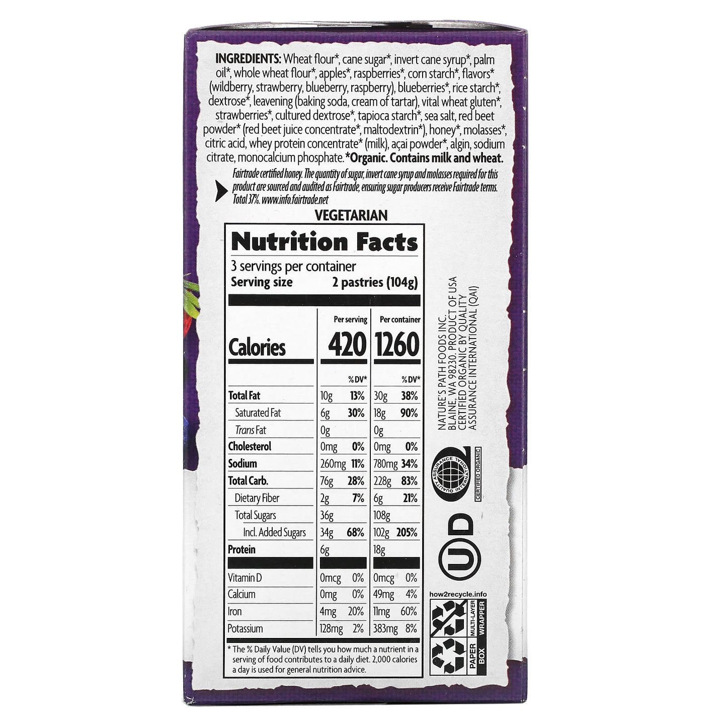 Nature's Path, Organic Toaster Pastries, Frosted Wildberry Acai, 6 Pastries, 52 g Each