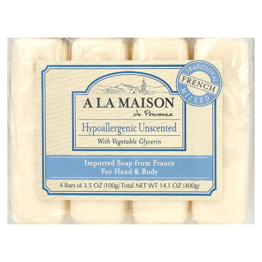 A La Maison de Provence-Hand & Body Soap Bar-Hypoallergenic Unscented-4 Bars-3.5 oz (100 g) Each