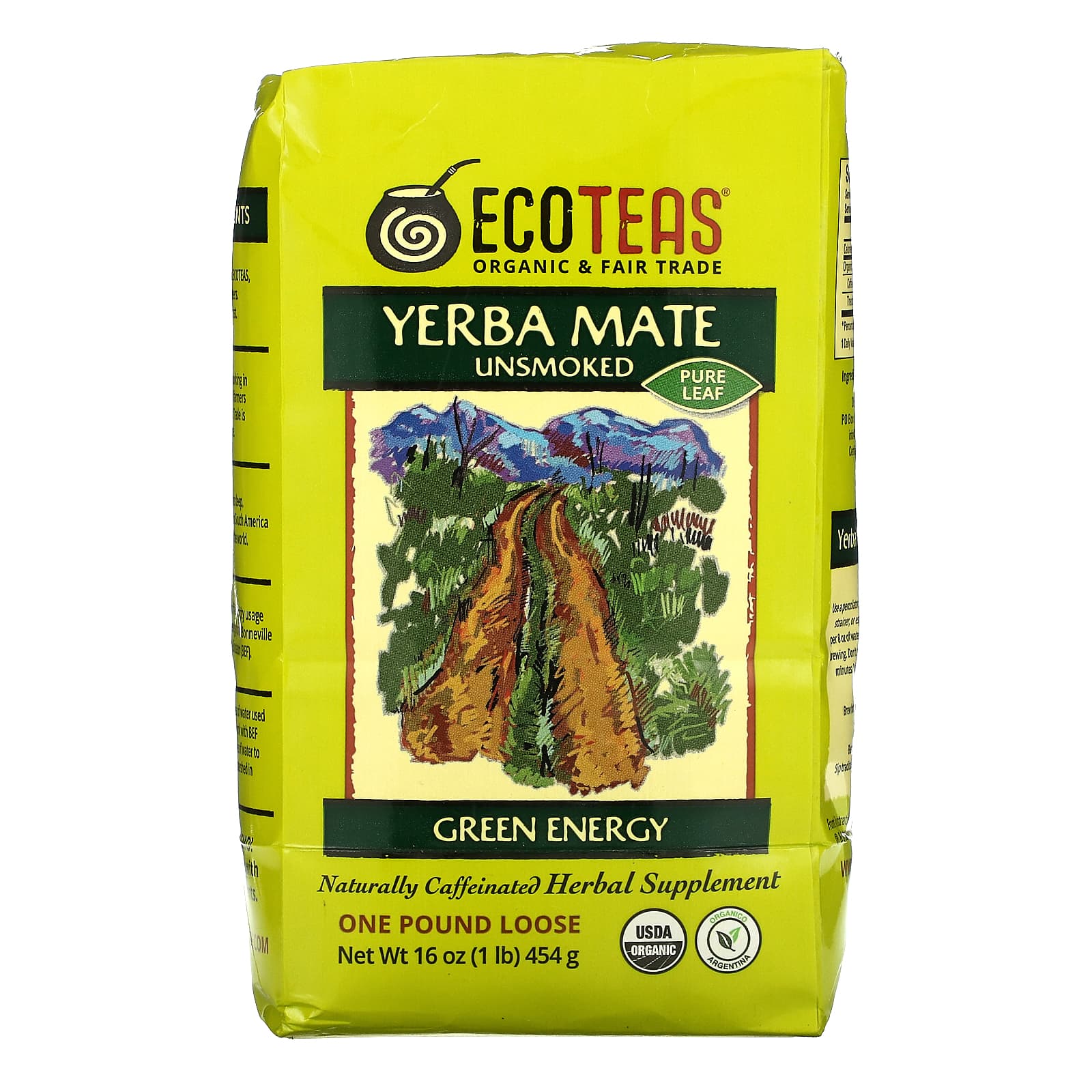 EcoTeas-Yerba Mate Pure Leaf Loose Tea-Unsmoked-Green Energy-16 oz (454 g)