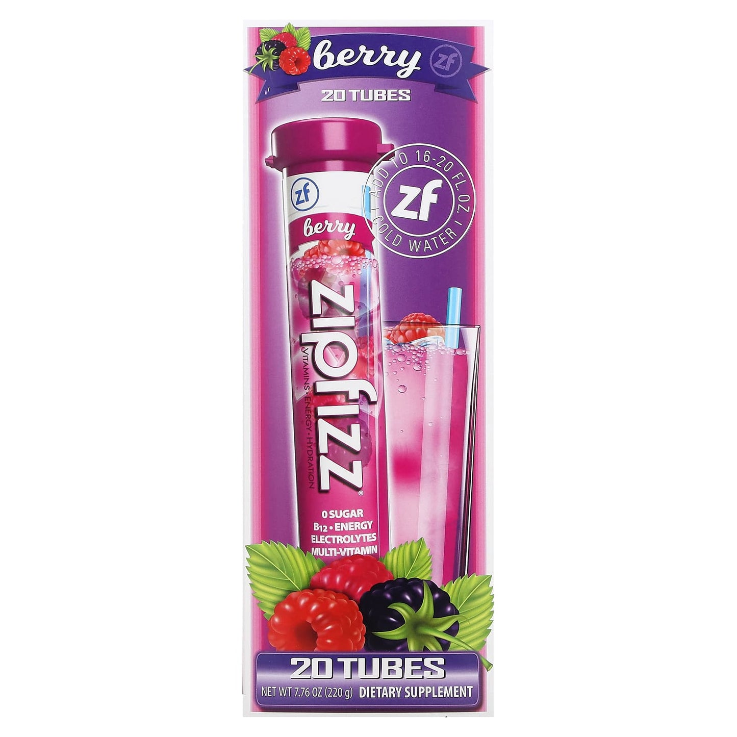 Zipfizz-Energy Drink Mix-Berry-20 Tubes-0.39 oz (11 g) Each