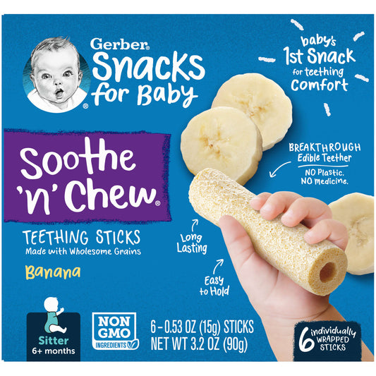 Gerber-Snacks for Baby-Soothe 'N' Chew-Teething Sticks-6+ Months-Banana-6 Individually Wrapped Sticks-0.53 oz (15 g) Each