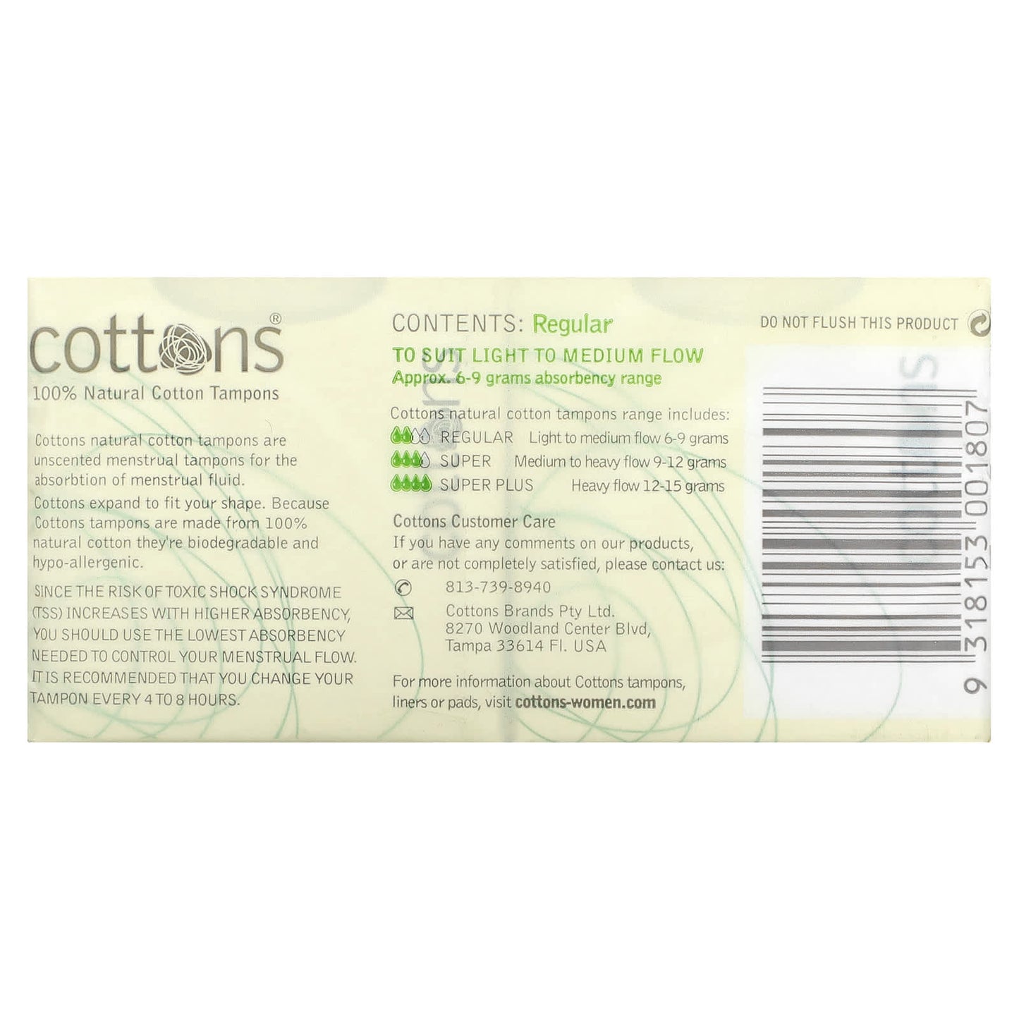 Cottons, 100% Natural Cotton Tampons, Regular, Unscented, 16 Tampons