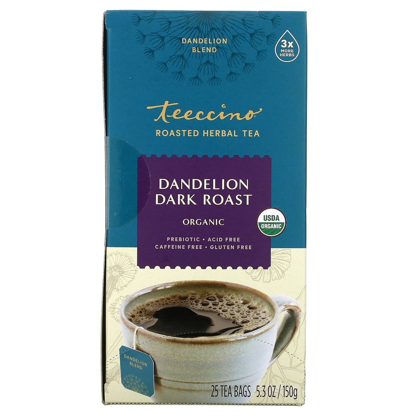 Teeccino-Organic Roasted Herbal Tea-Dandelion Dark Roast-Caffeine Free-25 Tea Bags-5.3 oz (150 g)