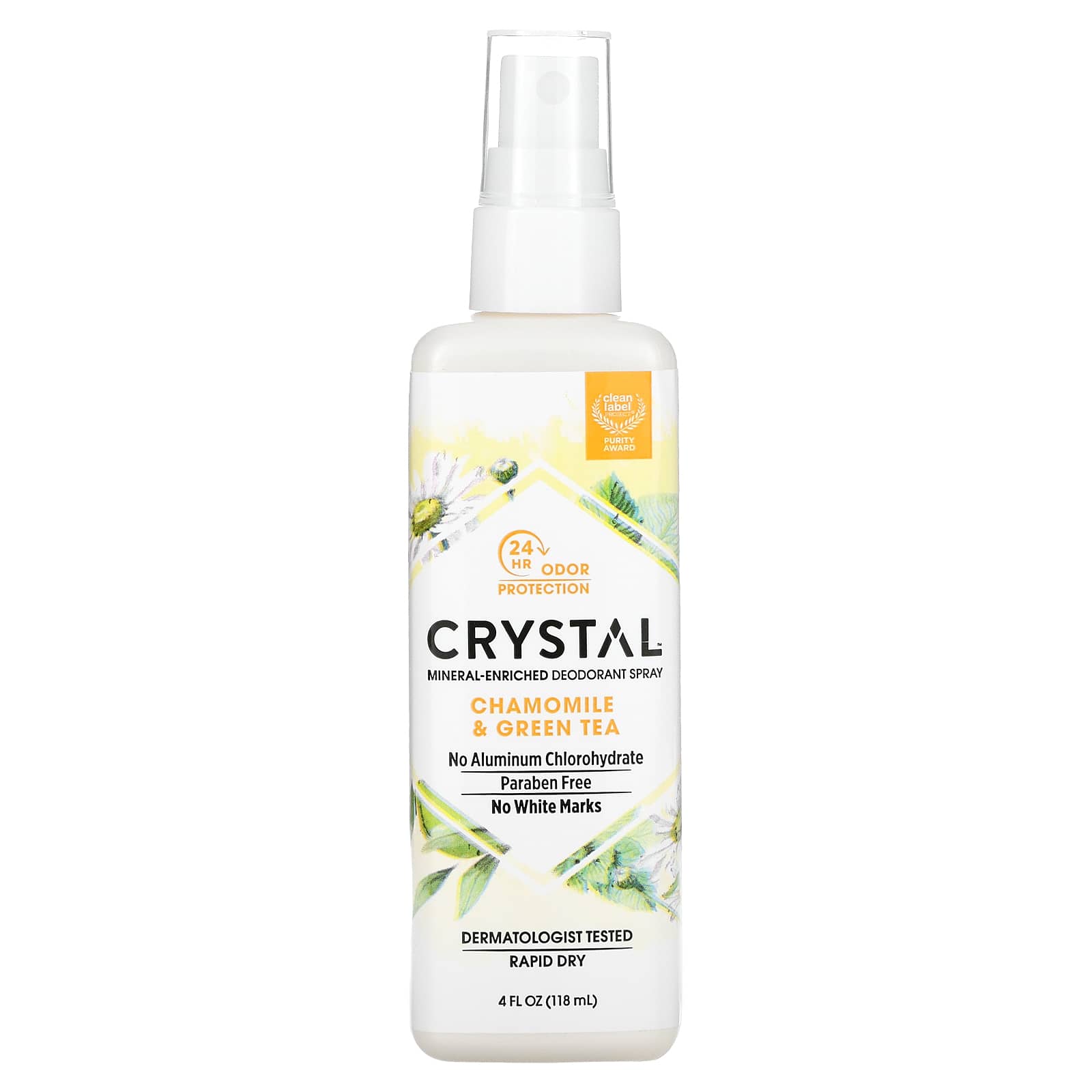 Crystal-Mineral Enriched Deodorant Spray-Chamomile & Green Tea-4 fl oz (118 ml)