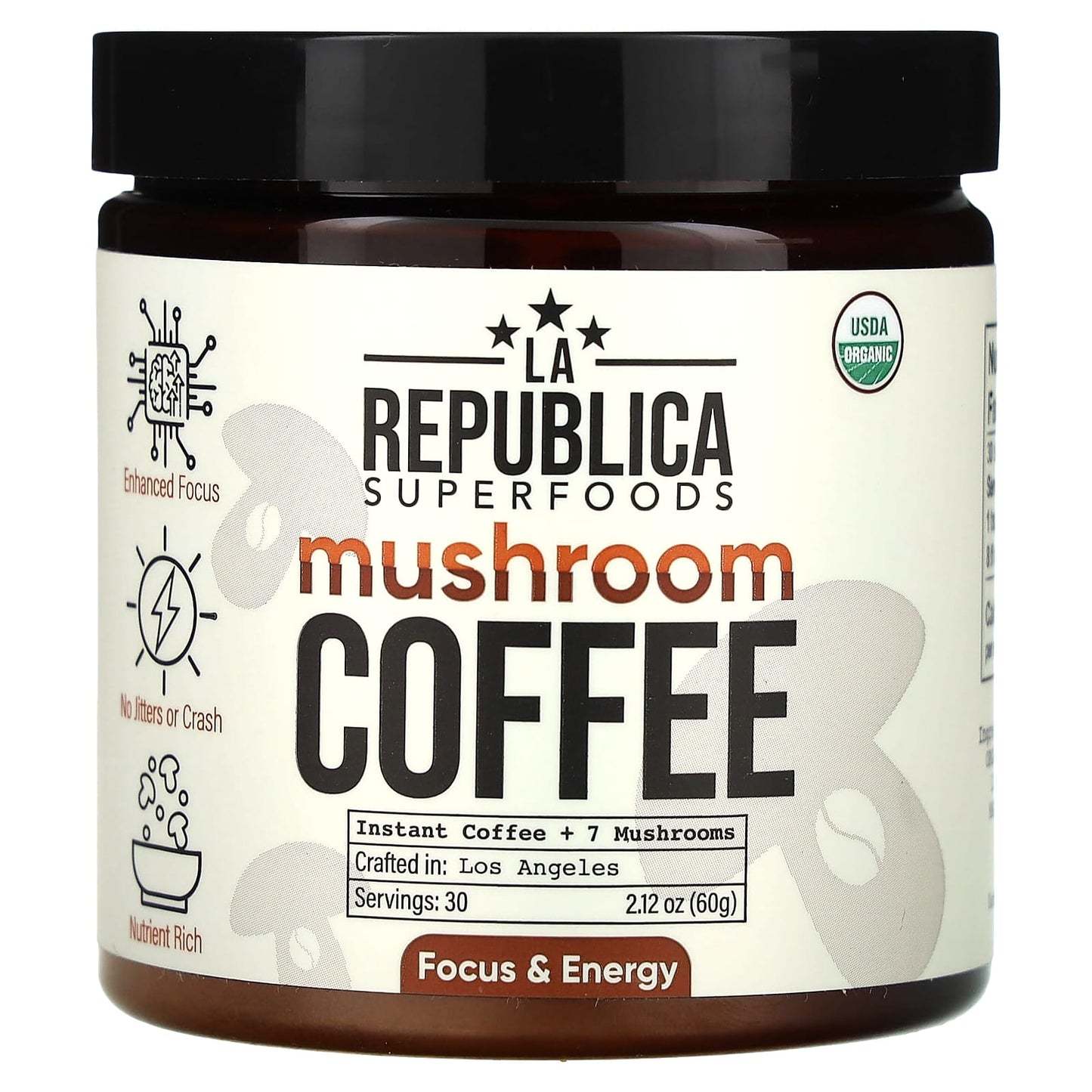 LA Republica-Mushroom Coffee-Instant Coffee + 7 Mushrooms-2.12 oz (60 g)