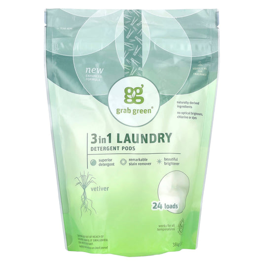 Grab Green-3 in 1 Laundry Detergent Pods-Vetiver-24 Loads-13.5 oz (384 g)