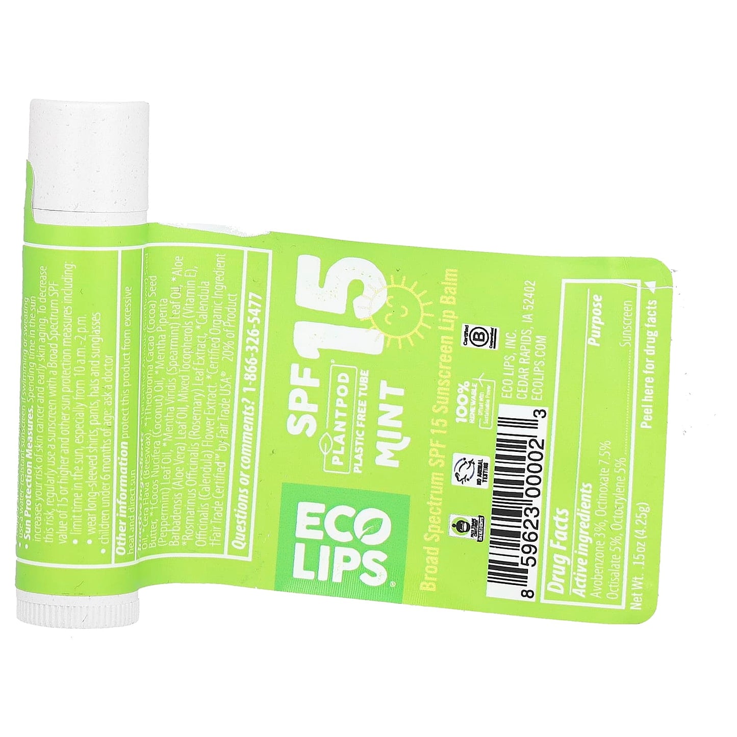 Eco Lips, Sunscreen Lip Balm, SPF 15, Mint, 0.15 oz (4.25 g)