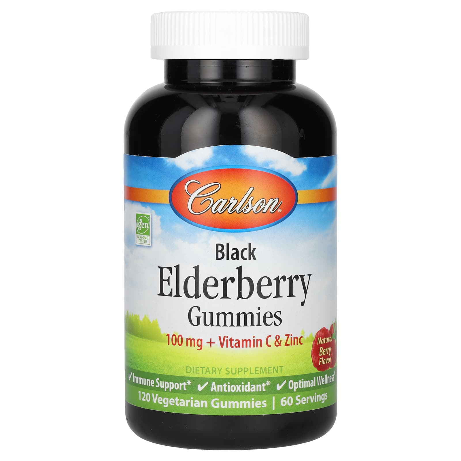 Carlson-Black Elderberry Gummies + Vitamin C & Zinc-Natural Berry-100 mg-120 Vegetarian Gummies (50 mg per Gummy)