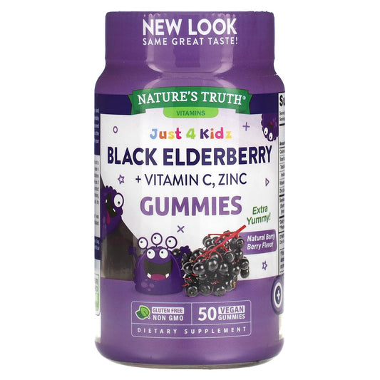 Nature's Truth-Just 4 Kids-Black Elderberry + Vitamin C-Zinc-Natural Berry Berry-50 Vegan Gummies