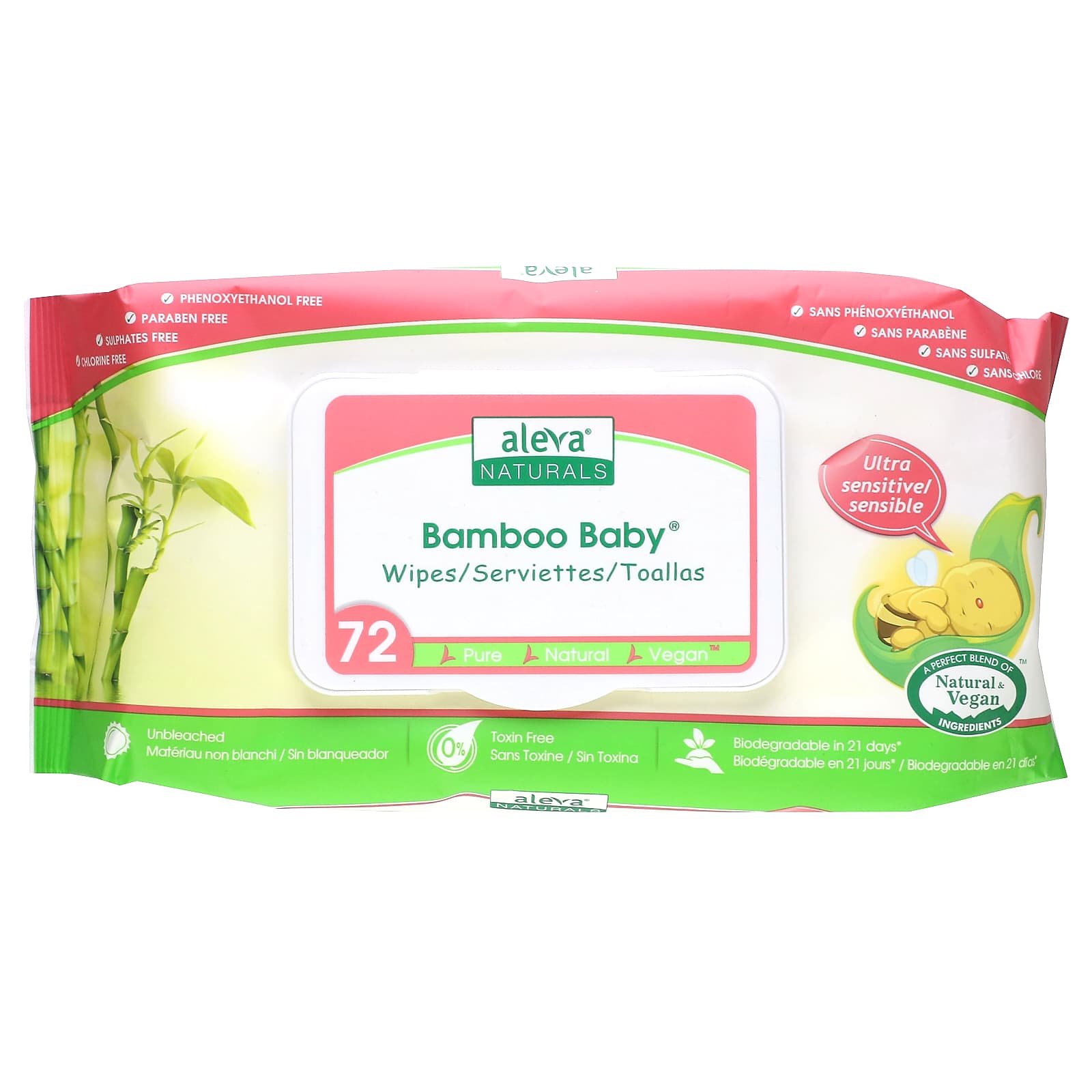 Aleva Naturals-Bamboo Baby Wipes-Ultra Sensitive-72 Wipes