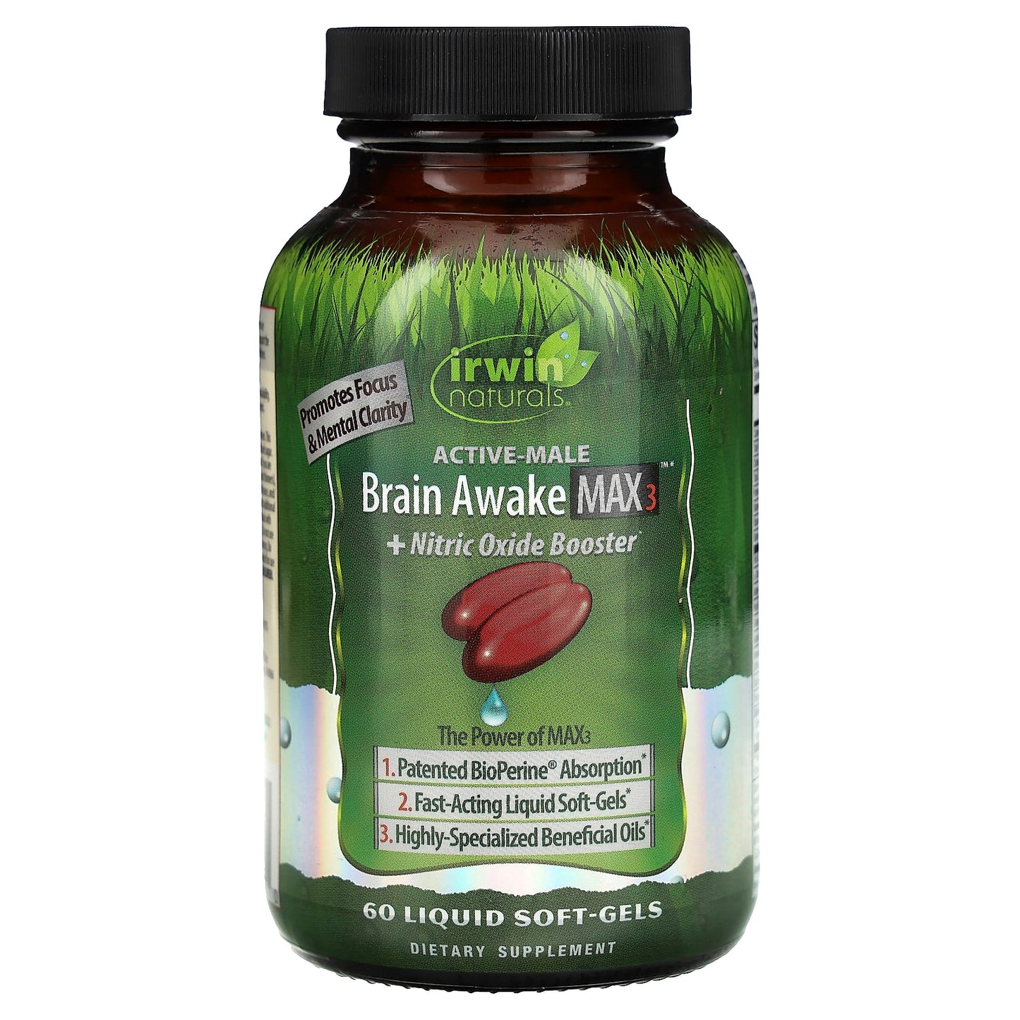 Irwin Naturals-Active-Male-Brain Awake Max 3 + Nitric Oxide Booster-60 Liquid Soft-Gels