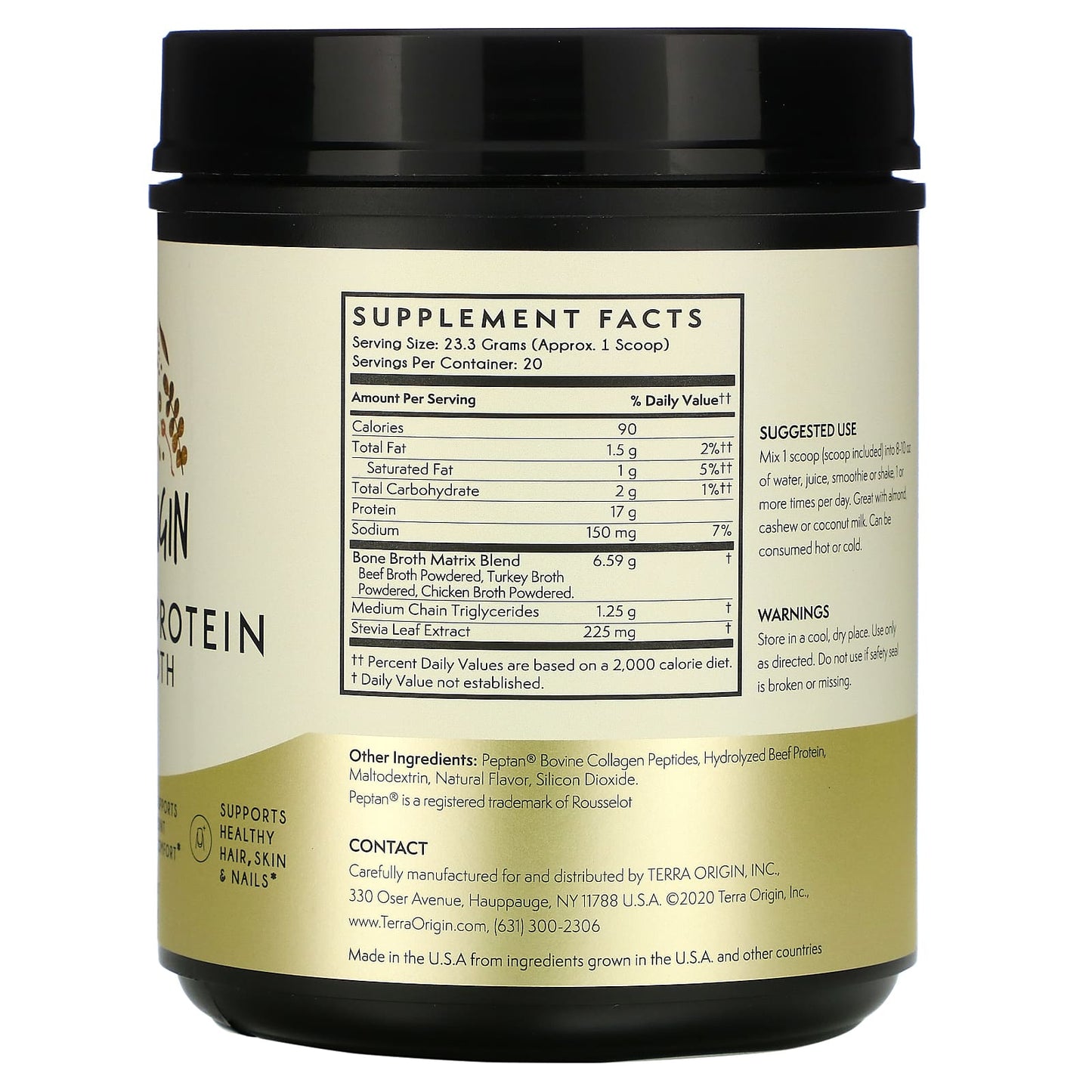 Terra Origin, Collagen + Protein Bone Broth, Vanilla, 16.43 oz (466 g)