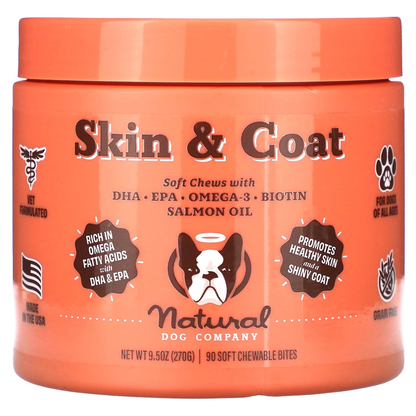 Natural Dog Company-Skin & Coat-For Dogs-All Ages-90 Soft Chewable Bites-9.5 oz (270 g)