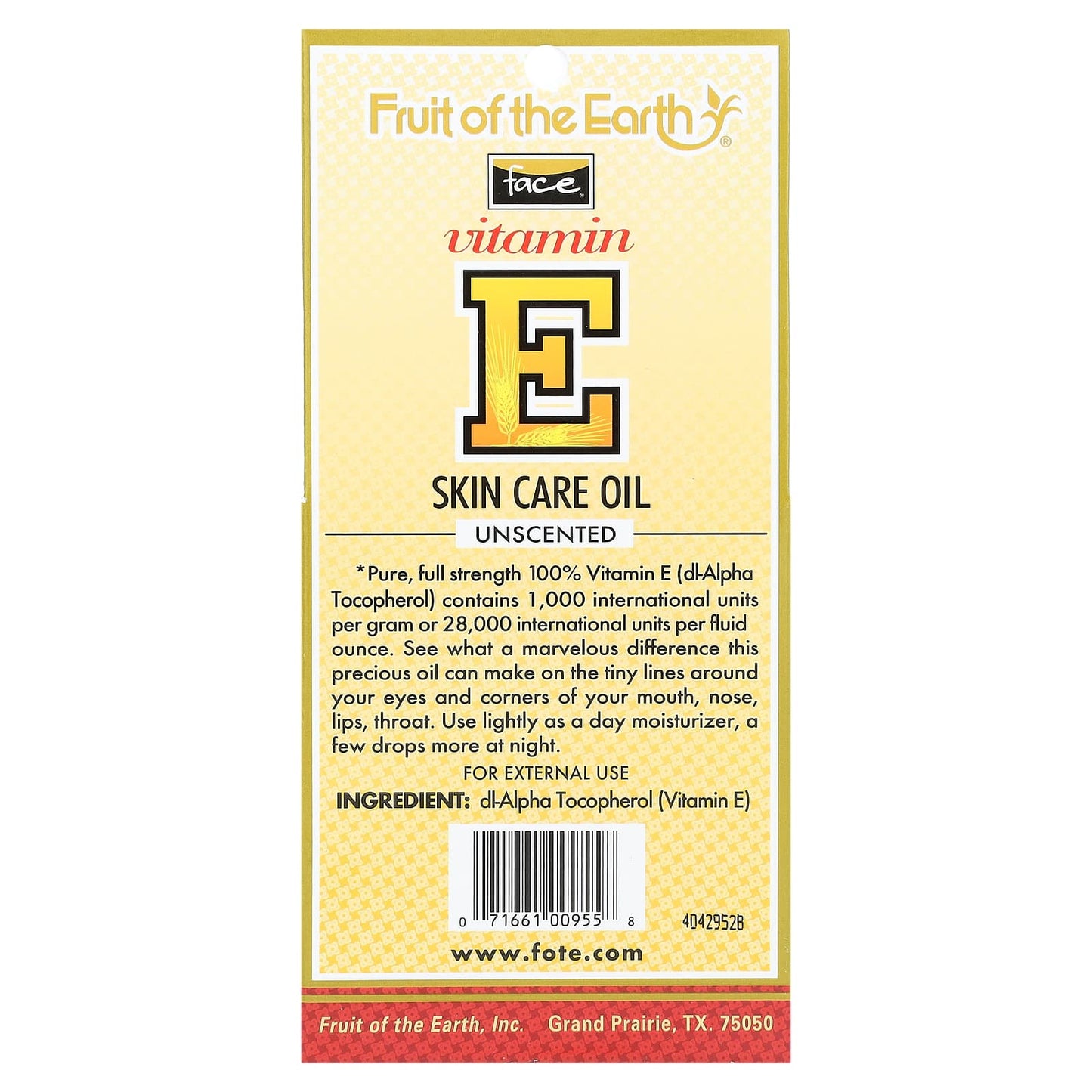 Fruit of the Earth, Face, Ultra Pure Vitamin E Oil, Unscented, 28,000 IU, 1/2 fl oz (15 ml)