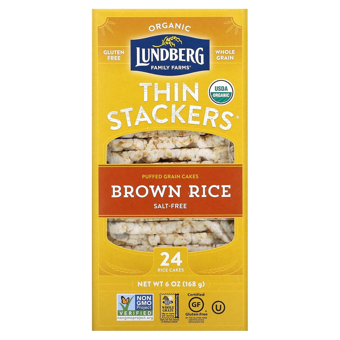 Lundberg-Organic Thin Stackers-Puffed Grain Cakes-Brown Rice-Salt-Free-24 Rice Cakes-6 oz (168 g)